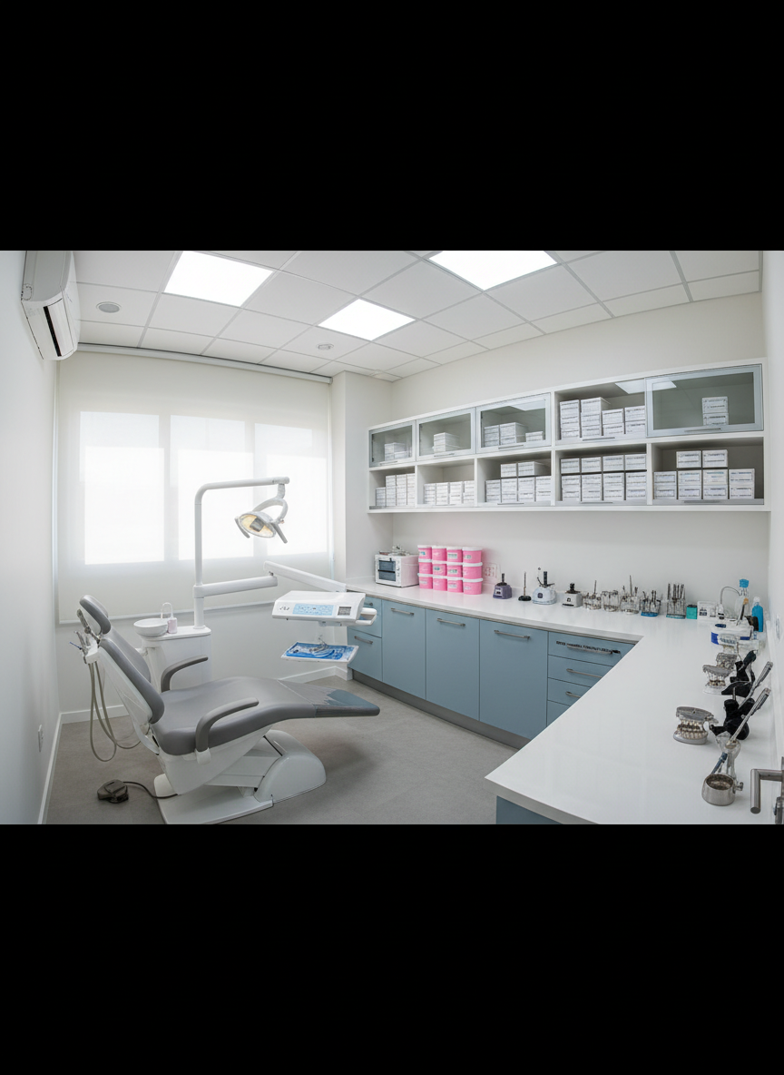 A panoramic photographic view of a modern dental treatment room in São Sebastião do Paraíso, with a focus on the prosthodontic workspace. A clean, ergonomic dental chair sits to one side, while a dedicated prosthesis preparation area features organized shelves with labeled denture boxes, impression materials, and articulators. The color palette is white, soft gray, and light blue, conveying cleanliness and calm. Natural daylight enters through a large window with sheer blinds, complemented by cool, uniform ceiling lights that eliminate harsh shadows. Shot with a wide-angle lens at eye level, keeping everything in sharp focus. The mood is professional, welcoming, and trustworthy, visually communicating a specialized environment for fast, comfortable dental prosthesis treatment.