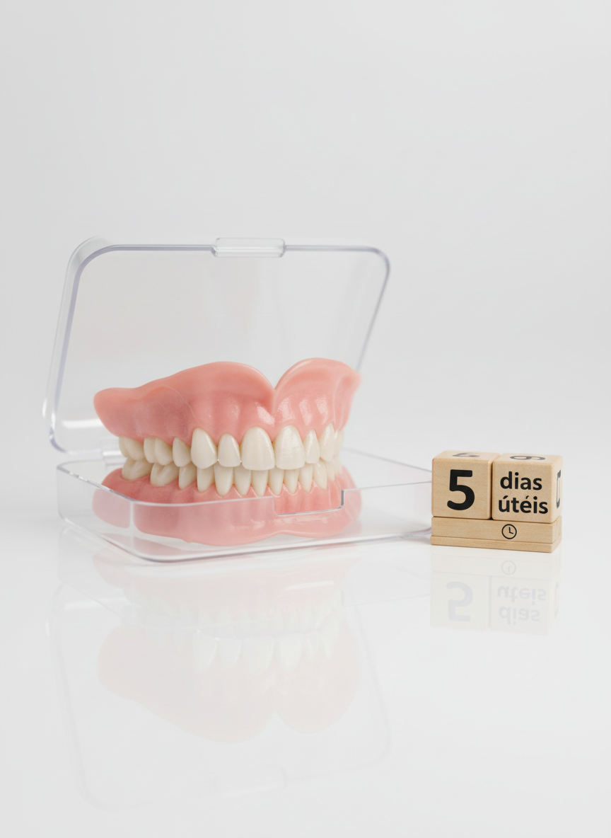 A close, detailed photograph of a comfortable, natural-looking full denture placed delicately inside an open, transparent storage case on a reflective white surface. The prosthesis shows carefully contoured pink acrylic gums and evenly spaced, slightly varied teeth for a realistic appearance. Next to it, a small calendar block highlights "5 dias úteis" in Portuguese, subtly indicating fast delivery time. Soft, bright studio lighting from two sides creates gentle highlights on the acrylic and case, with faint, clean shadows underneath. Shot at a slightly elevated angle with a shallow depth of field so the text on the calendar remains readable while the background fades into a smooth white gradient. The mood is reassuring, efficient, and patient-focused, perfect for promoting quick, high-quality denture solutions.
