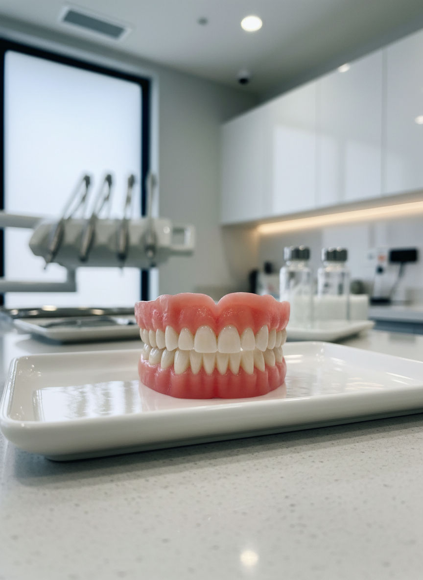 A close-up of a full upper and lower set of natural-looking dental prostheses resting on a pristine white dental tray. The acrylic gums have a healthy, pink tone with subtle texture, and the teeth show realistic shades of white with slight translucency at the edges. The tray sits on a sleek, light-gray countertop in a modern, well-organized dental clinic. Soft, diffused daylight from a nearby frosted window combines with gentle overhead clinic lighting, creating clean reflections and minimal shadows. Photographic realism, shot at eye level with a shallow depth of field so the background dental instruments and cabinets blur softly. The mood is professional, hygienic, and reassuring, ideal for a prosthodontic practice website.
