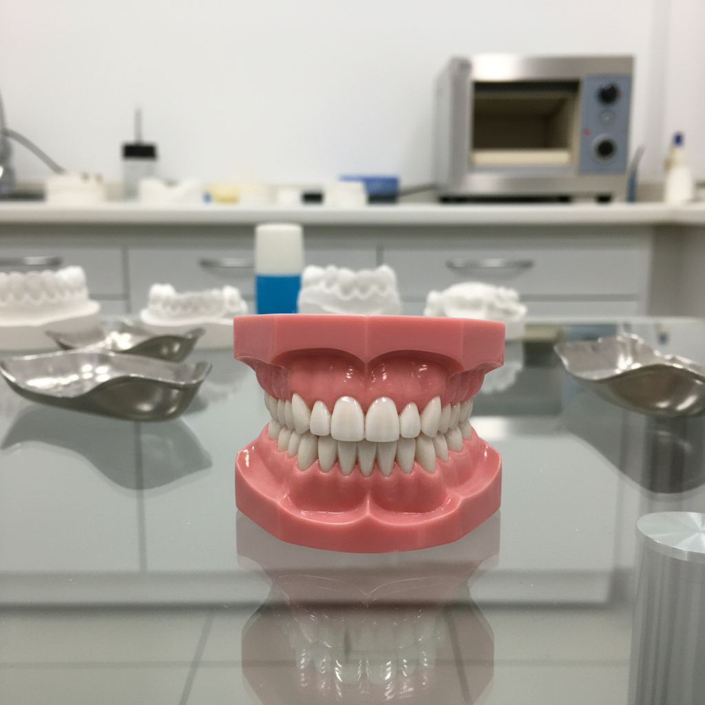 A high-quality, detailed dental model displaying a complete denture fitted perfectly onto a jaw replica, positioned on a polished glass surface. The denture shows smooth, polished acrylic with lifelike gum contours and well-aligned teeth. In the background, slightly out of focus, are neatly arranged dental impression trays, plaster models, and a compact dental lab furnace, suggesting in-house fabrication. Bright, neutral clinic lighting illuminates the scene evenly, creating crisp highlights on the glass and subtle reflections beneath the model. The composition follows the rule of thirds, with the denture slightly off-center, captured in photographic realism. The atmosphere feels precise, reliable, and technologically advanced, emphasizing fast, high-quality denture production within a professional dental clinic.