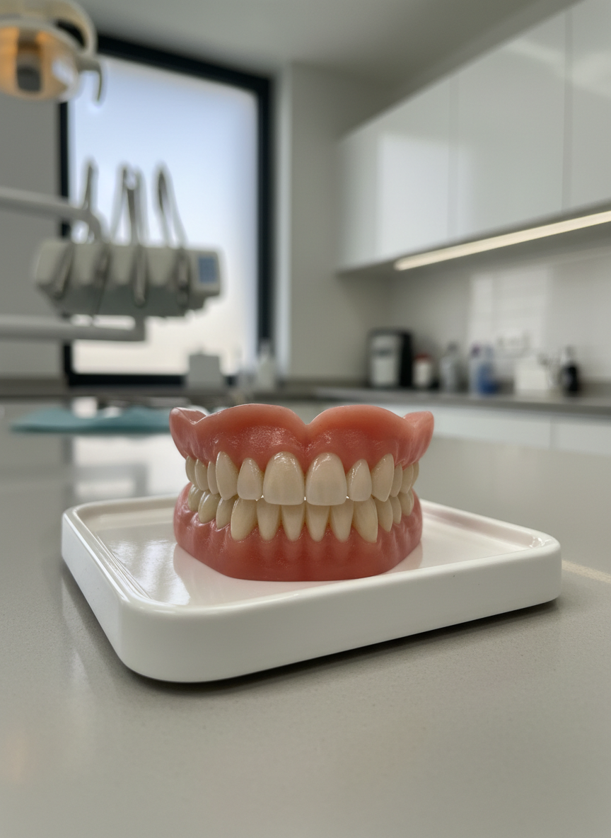A close-up of a full upper and lower set of natural-looking dental prostheses resting on a pristine white dental tray. The acrylic gums have a healthy, pink tone with subtle texture, and the teeth show realistic shades of white with slight translucency at the edges. The tray sits on a sleek, light-gray countertop in a modern, well-organized dental clinic. Soft, diffused daylight from a nearby frosted window combines with gentle overhead clinic lighting, creating clean reflections and minimal shadows. Photographic realism, shot at eye level with a shallow depth of field so the background dental instruments and cabinets blur softly. The mood is professional, hygienic, and reassuring, ideal for a prosthodontic practice website.